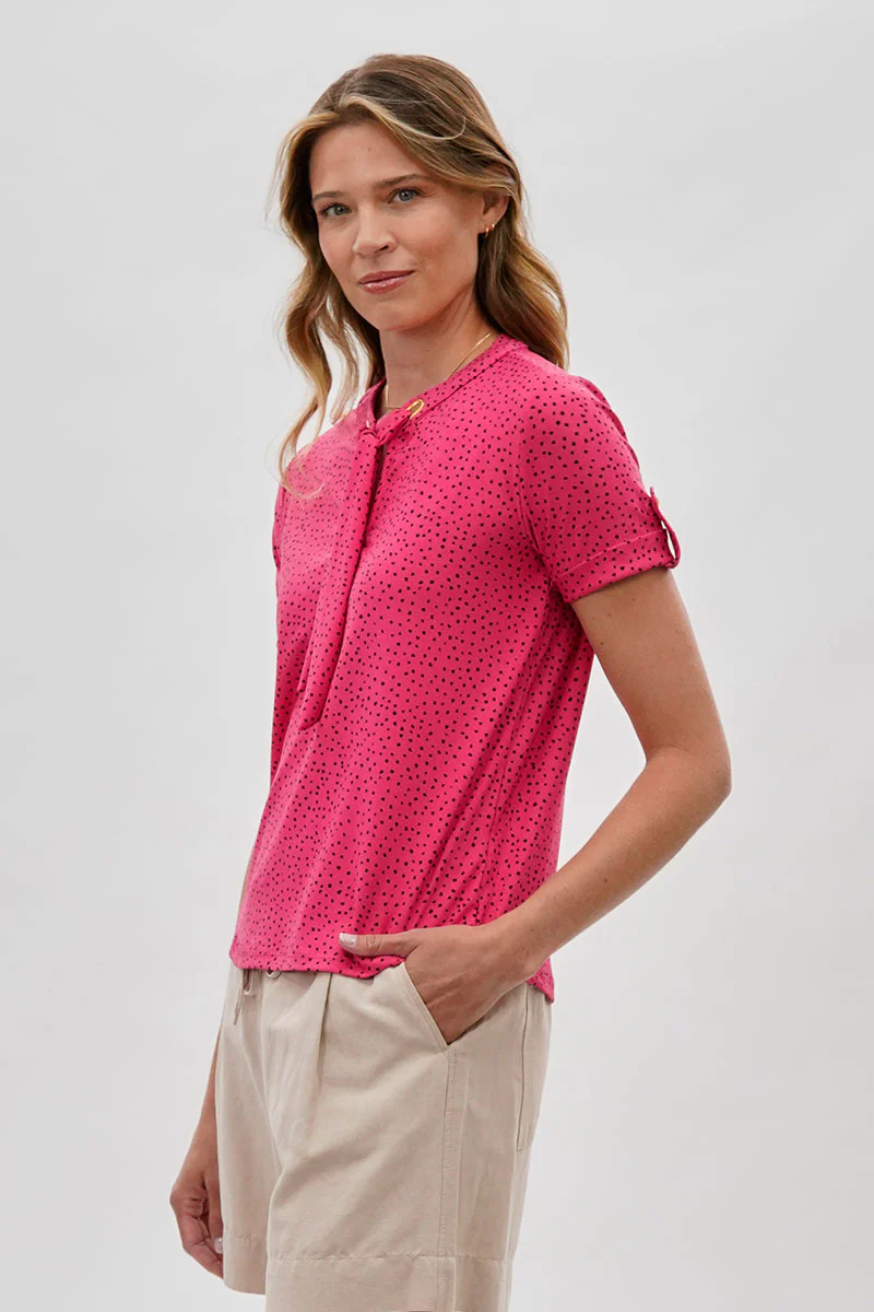 Beechers Brook Polka Dot Tie-Neck Short Sleeve Blouse - Pink - Image 2