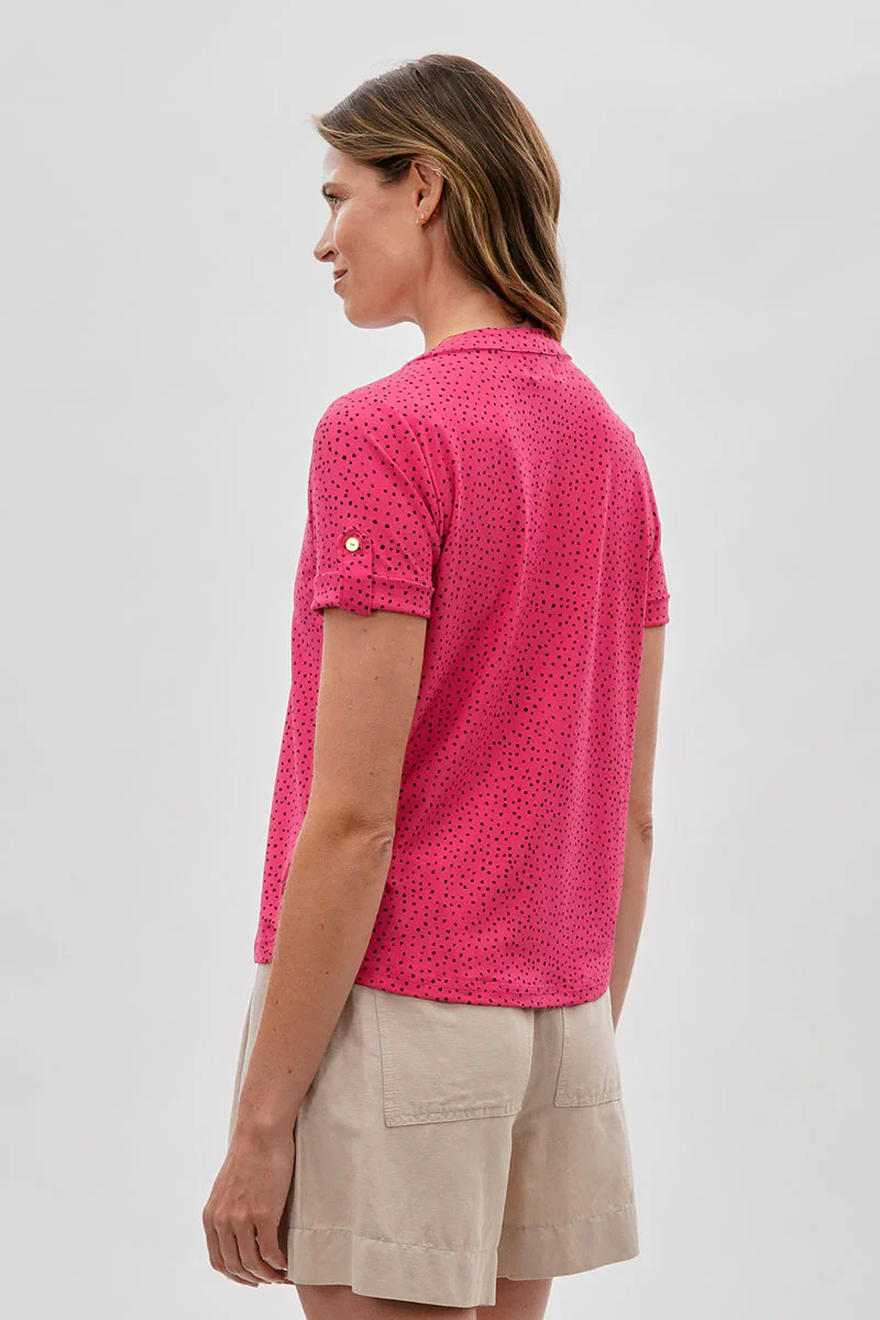 Beechers Brook Polka Dot Tie-Neck Short Sleeve Blouse - Pink - Image 3