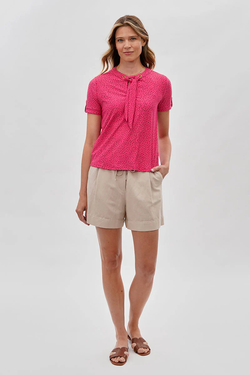 Beechers Brook Polka Dot Tie-Neck Short Sleeve Blouse - Pink - Image 5