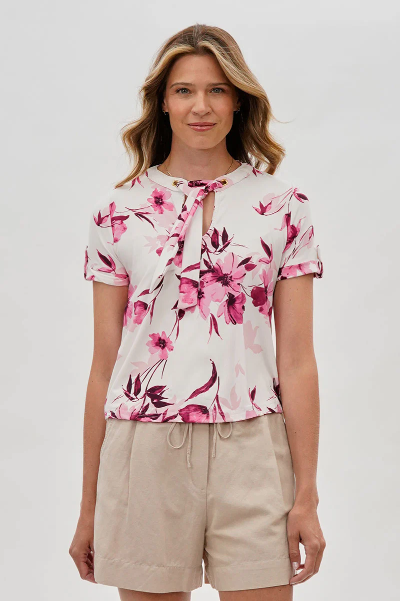 Beechers Brook Floral Tie-Neck Short Sleeve Blouse - White