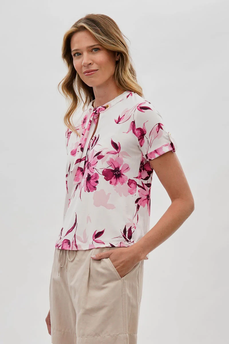 Beechers Brook Floral Tie-Neck Short Sleeve Blouse - White - Image 2