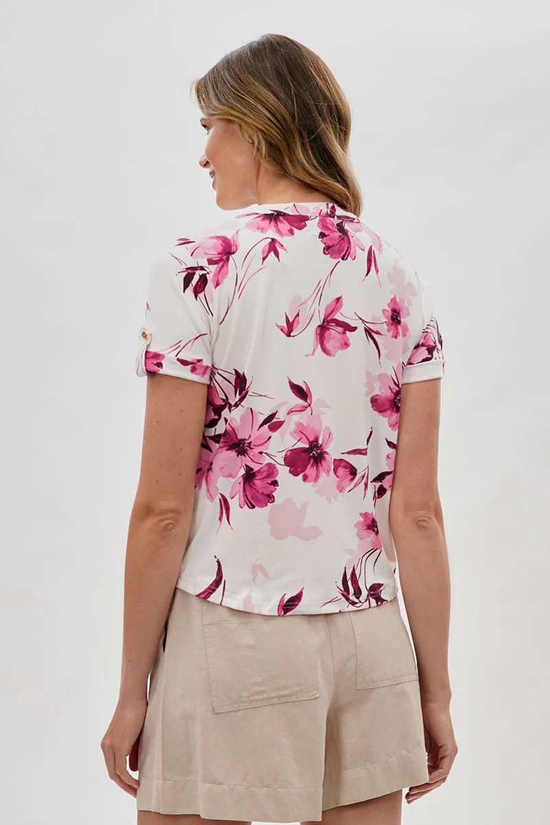 Beechers Brook Floral Tie-Neck Short Sleeve Blouse - White - Image 3