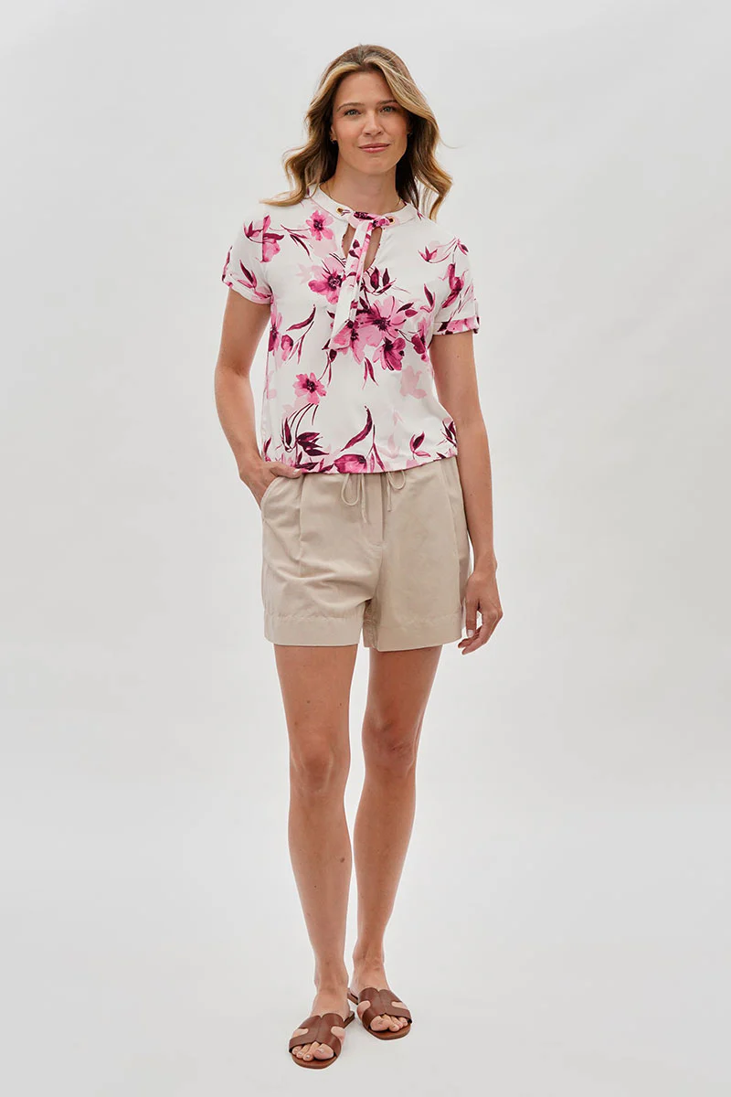 Beechers Brook Floral Tie-Neck Short Sleeve Blouse - White - Image 5