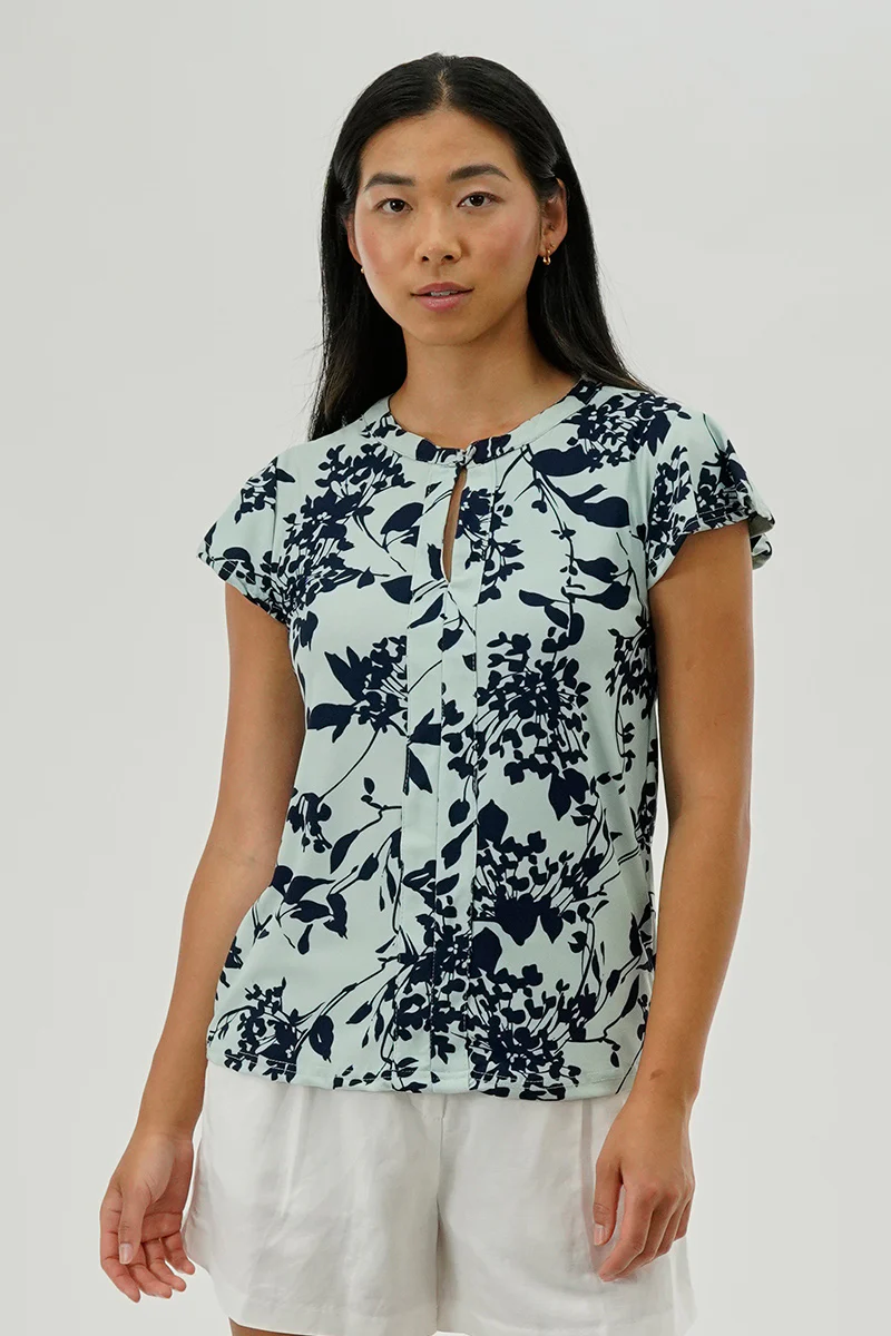 International INC Company Floral Short Sleeve Blouse - Aqua