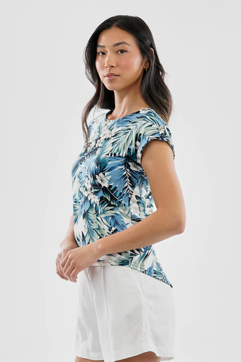 International INC Company Leaf Print Cap Sleeve Back Slit Tee - Green - Image 2
