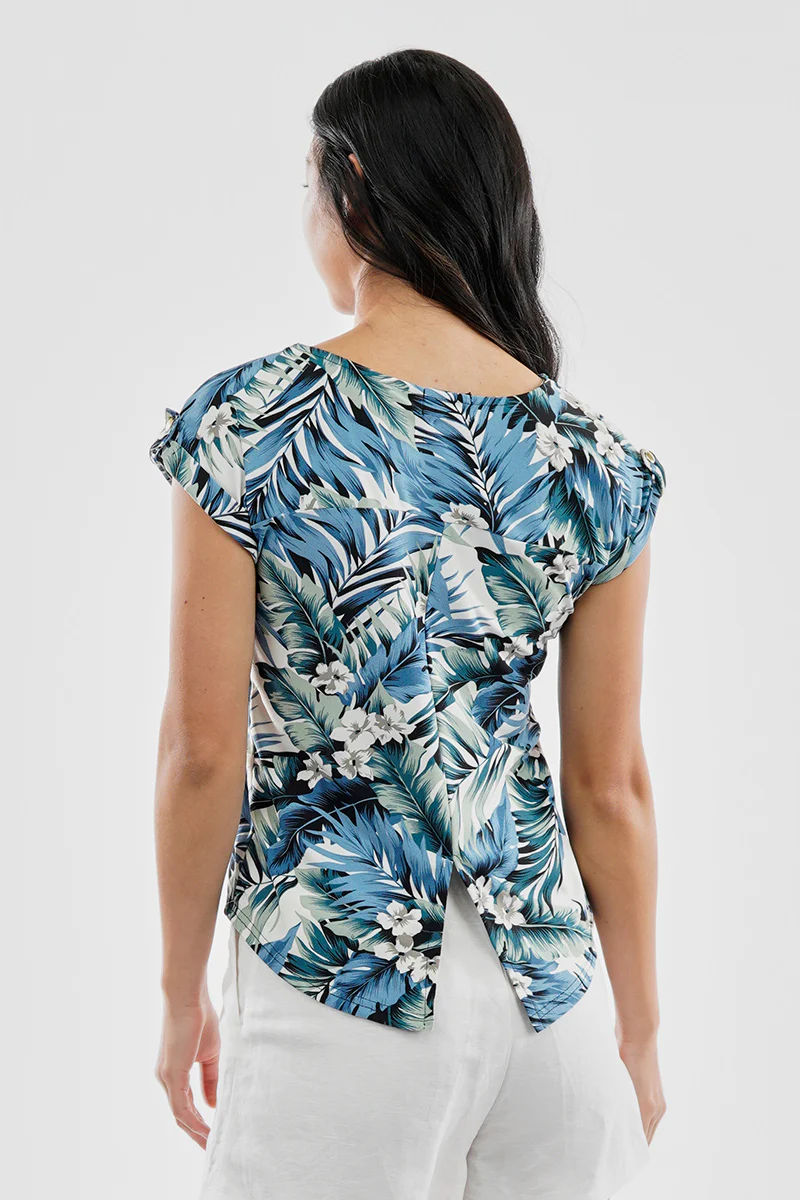 International INC Company Leaf Print Cap Sleeve Back Slit Tee - Green - Image 3