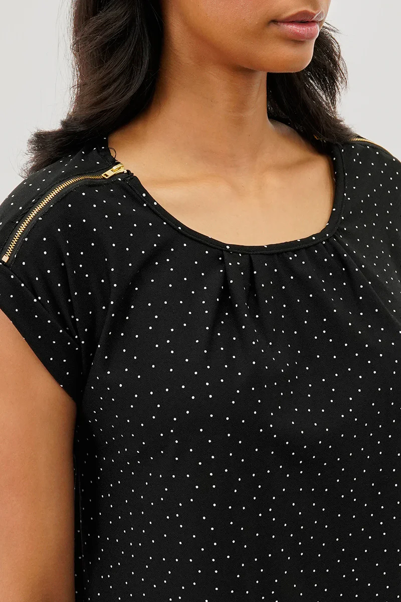 Beechers Brook Polka Dot Shoulder Zipper Blouse - Black - Image 4