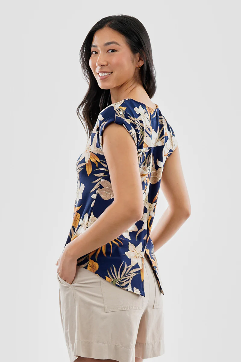 Beechers Brook Floral Cap Sleeve Back Slit Tee - Navy - Image 3