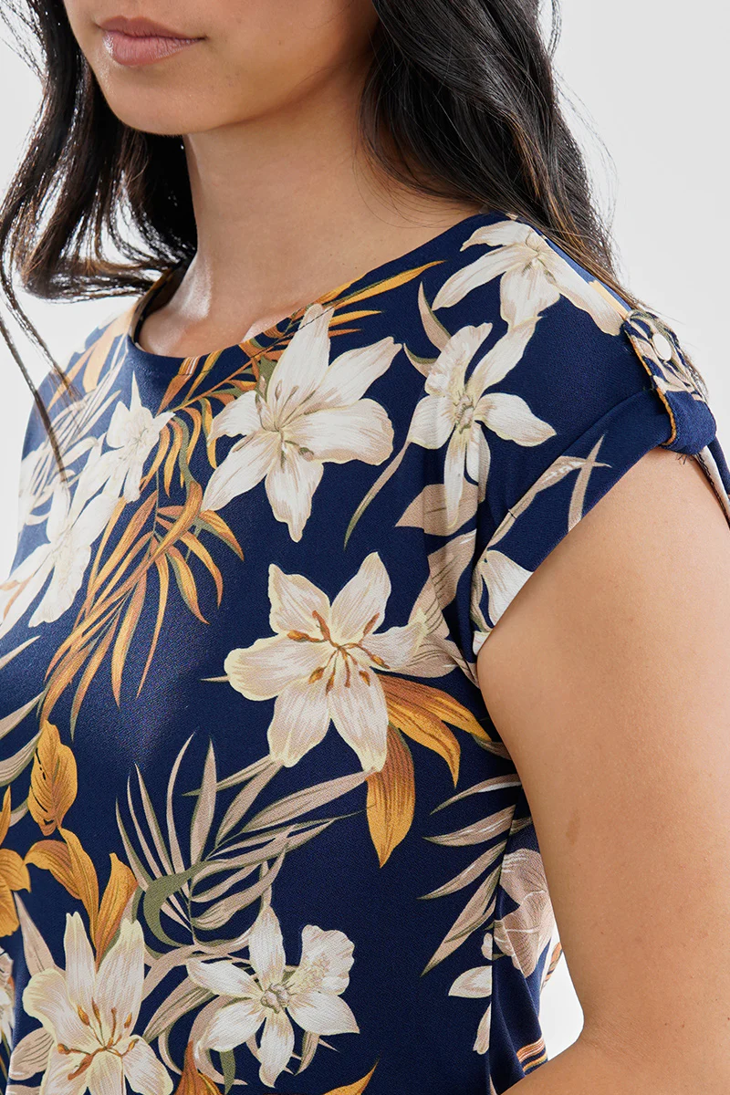Beechers Brook Floral Cap Sleeve Back Slit Tee - Navy - Image 4