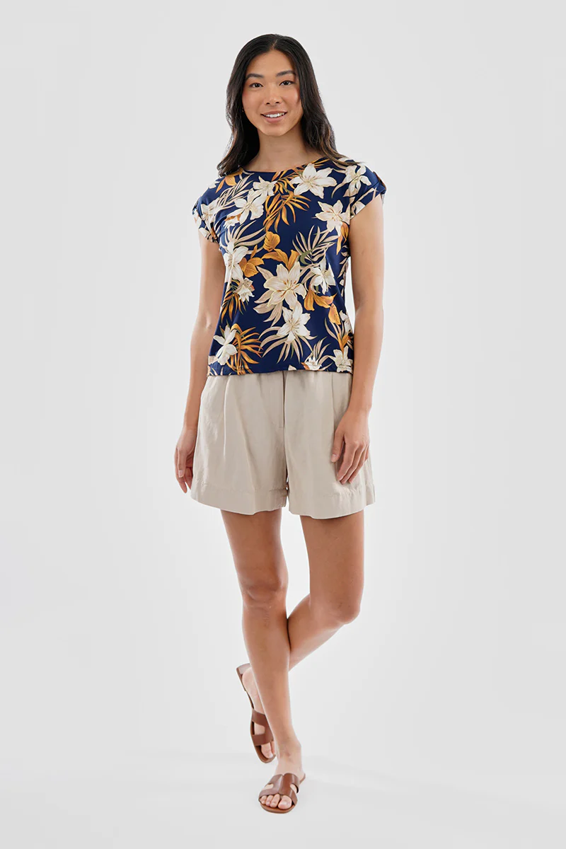 Beechers Brook Floral Cap Sleeve Back Slit Tee - Navy - Image 5