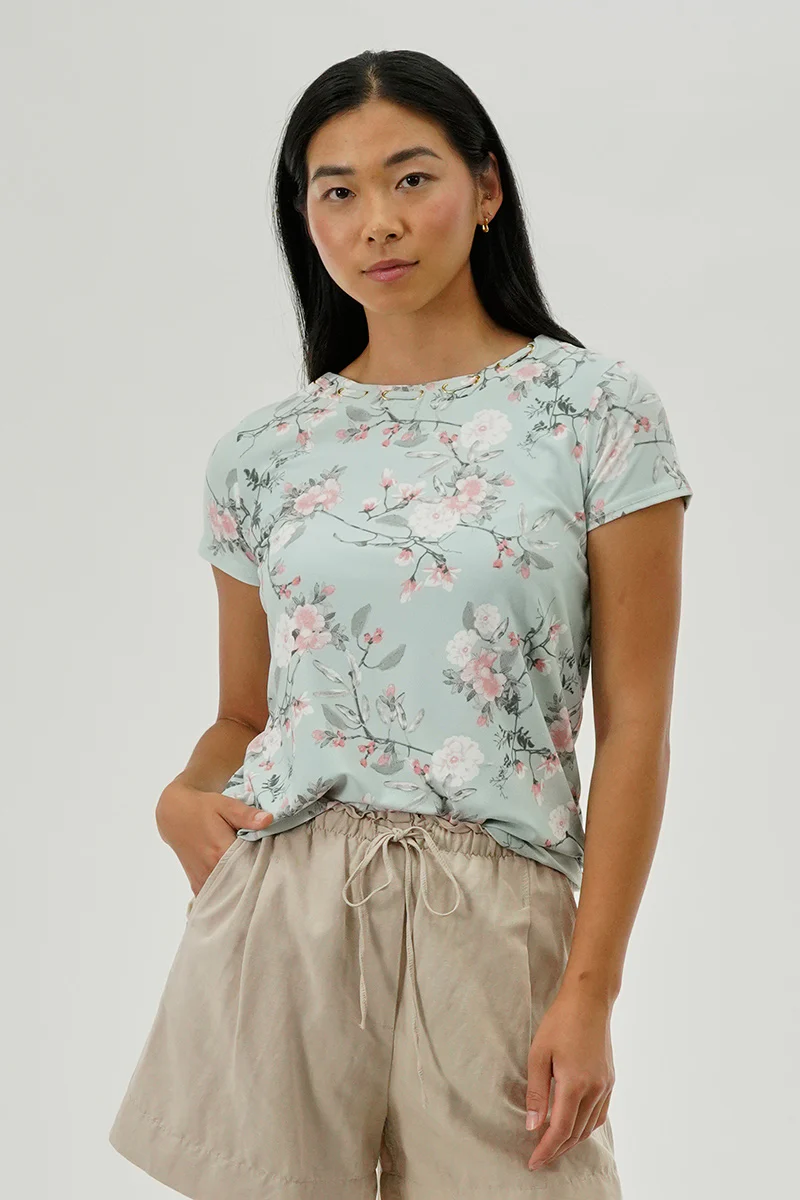 International INC Company Floral Gommet Neck Detail Tee - Aqua