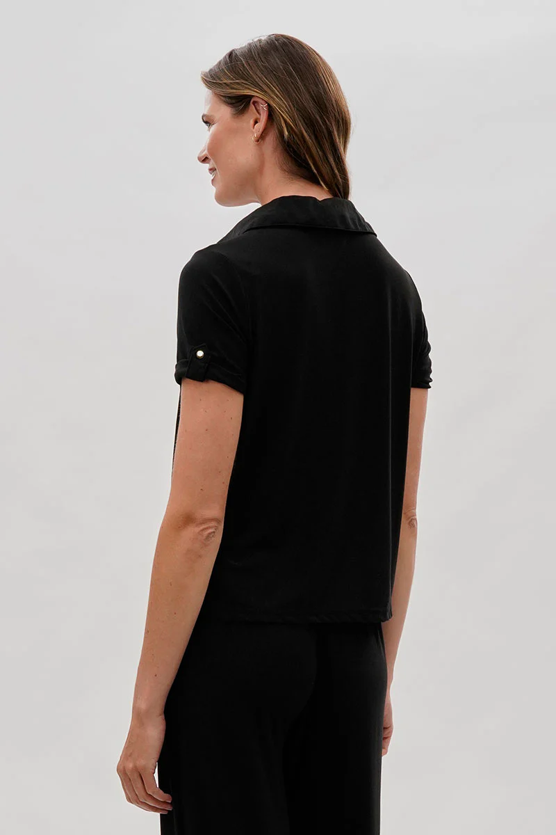 Costa Blanca Short Sleeve Split Neck Blouse - Black - Image 3