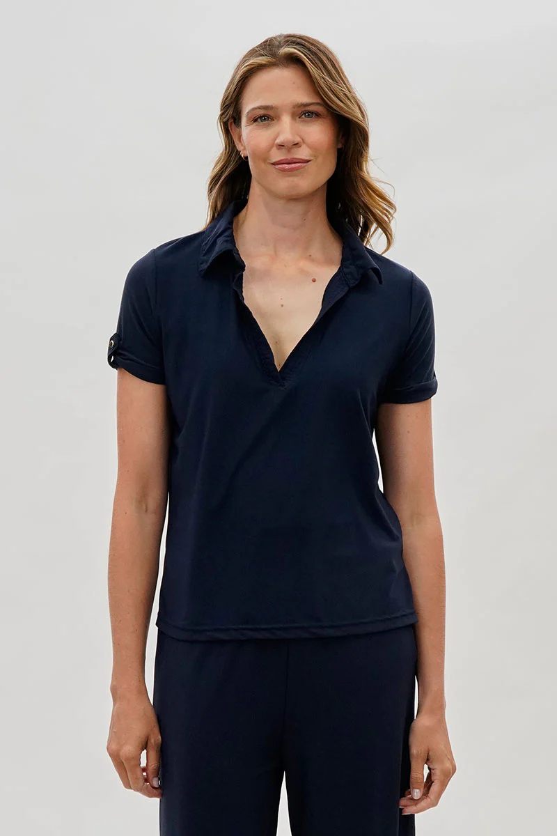 Costa Blanca Short Sleeve Split Neck Blouse - Navy