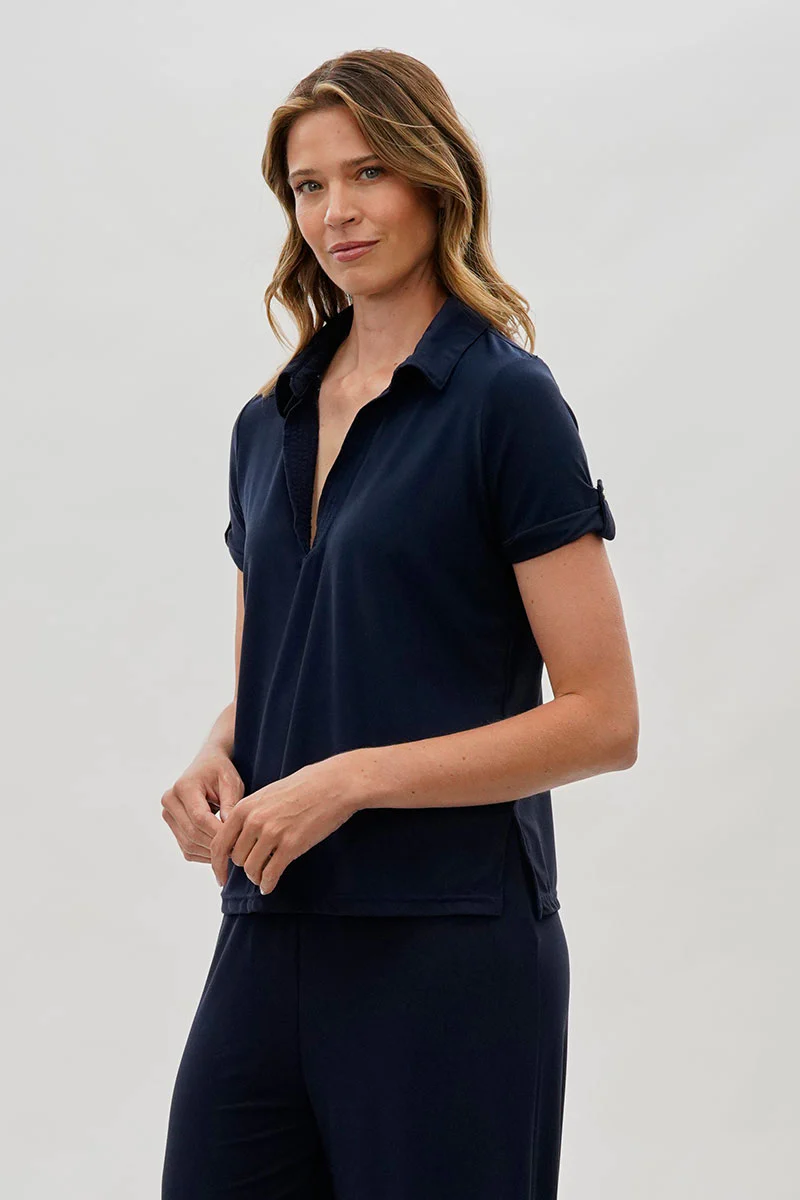 Costa Blanca Short Sleeve Split Neck Blouse - Navy - Image 2