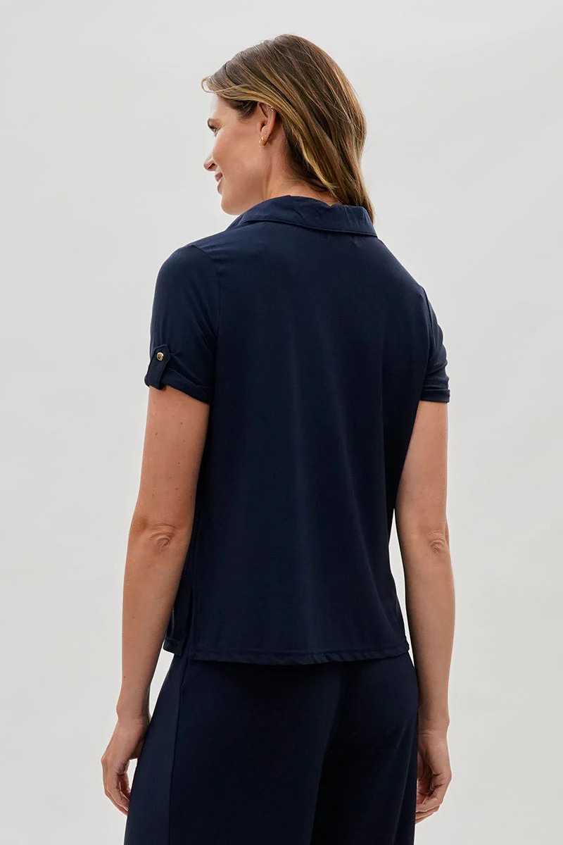 Costa Blanca Short Sleeve Split Neck Blouse - Navy - Image 3
