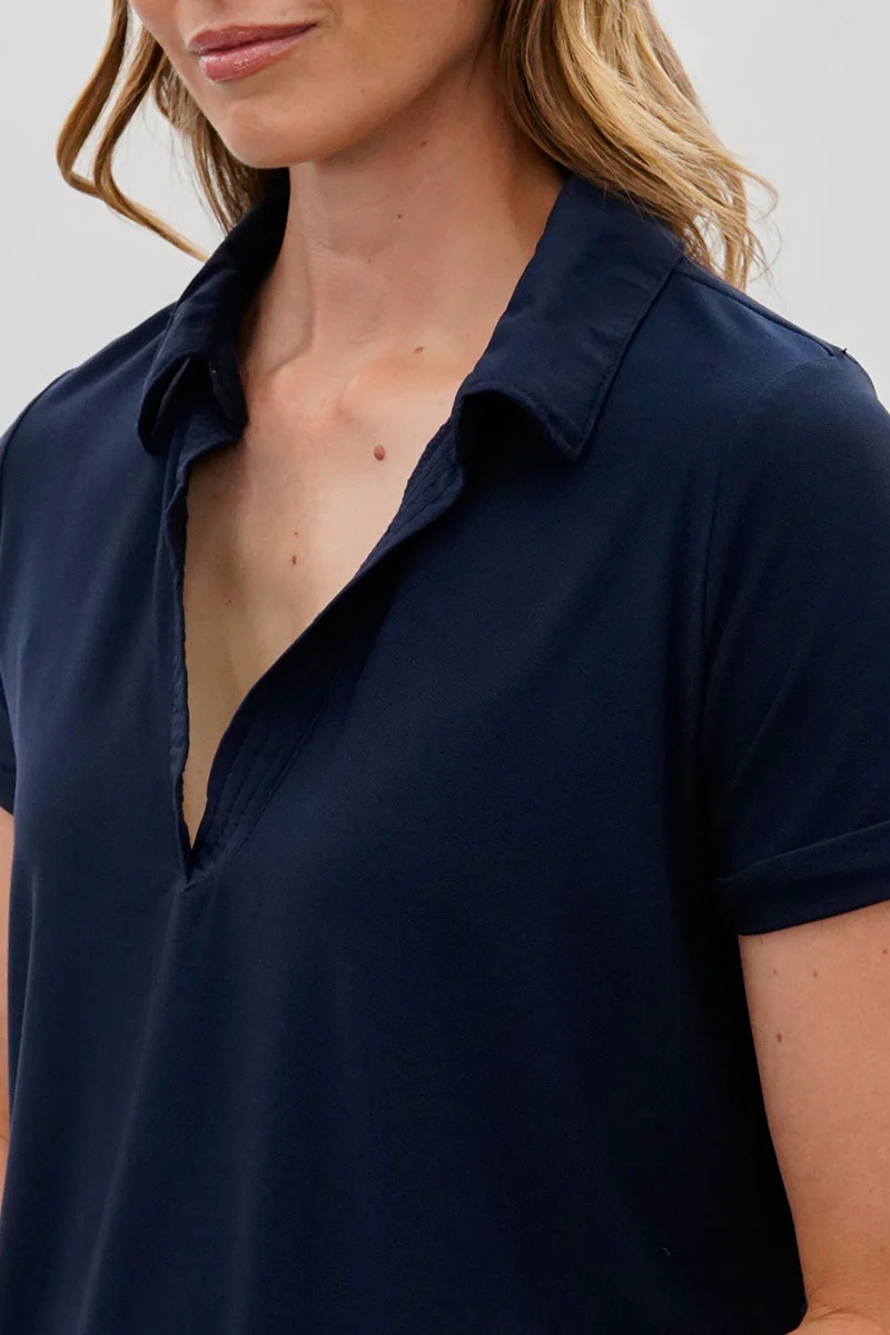 Costa Blanca Short Sleeve Split Neck Blouse - Navy - Image 4
