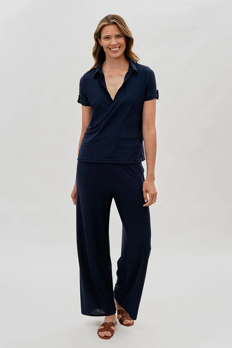 Costa Blanca Short Sleeve Split Neck Blouse - Navy - Image 5
