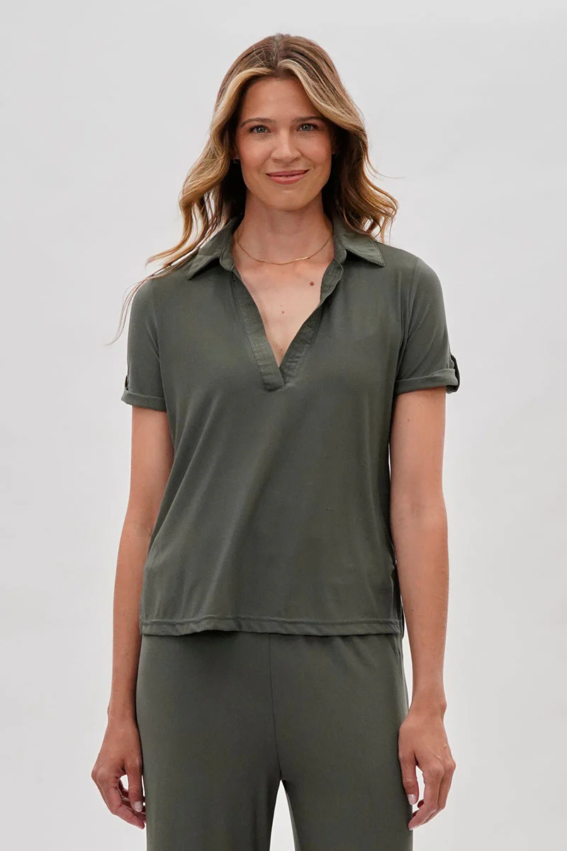 Costa Blanca Short Sleeve Split Neck Blouse - Olive