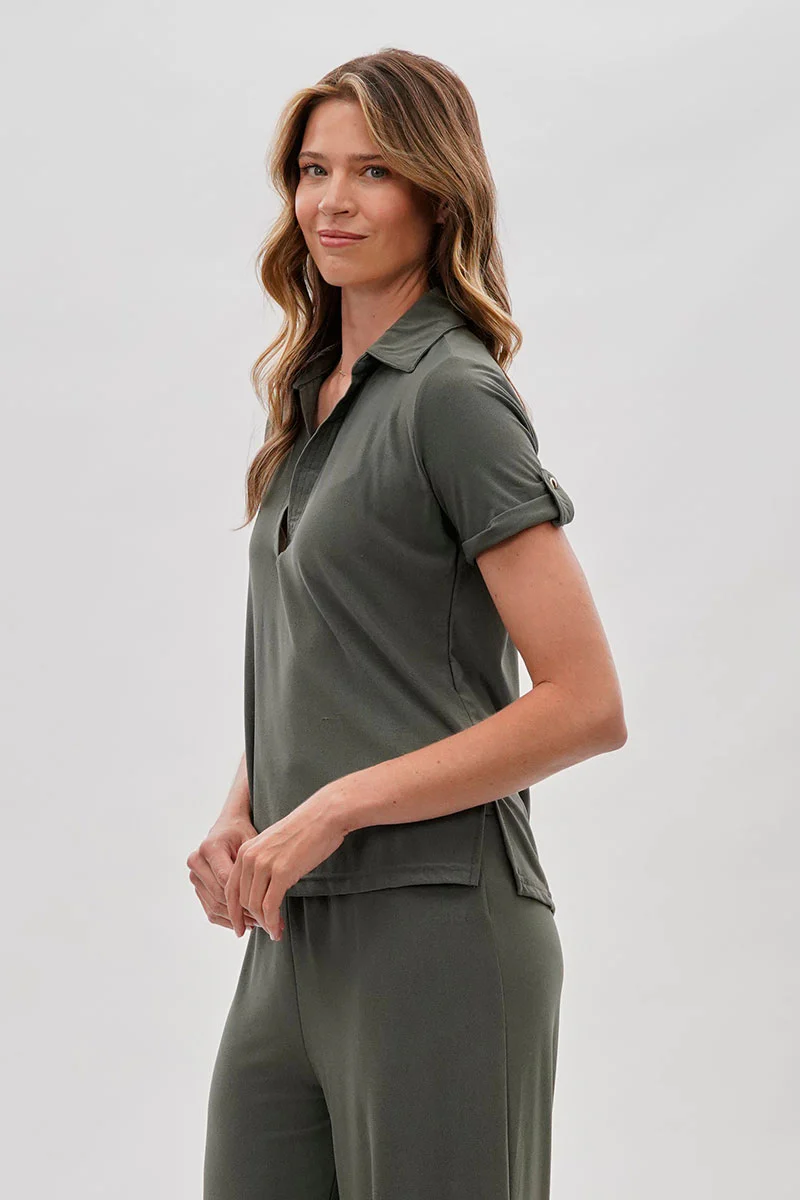 Costa Blanca Short Sleeve Split Neck Blouse - Olive - Image 2