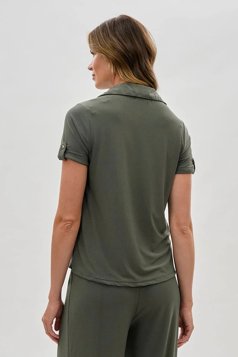Costa Blanca Short Sleeve Split Neck Blouse - Olive - Image 3