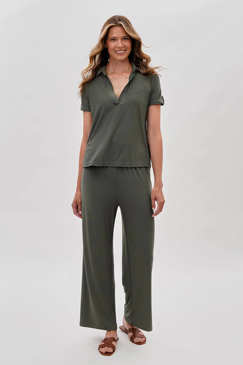 Costa Blanca Short Sleeve Split Neck Blouse - Olive - Image 5