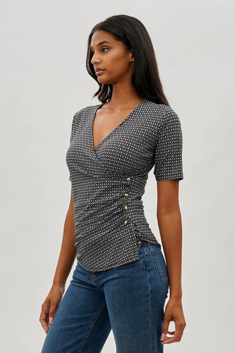 Beechers Brook Patterned Side Button Tee - Black - Image 2
