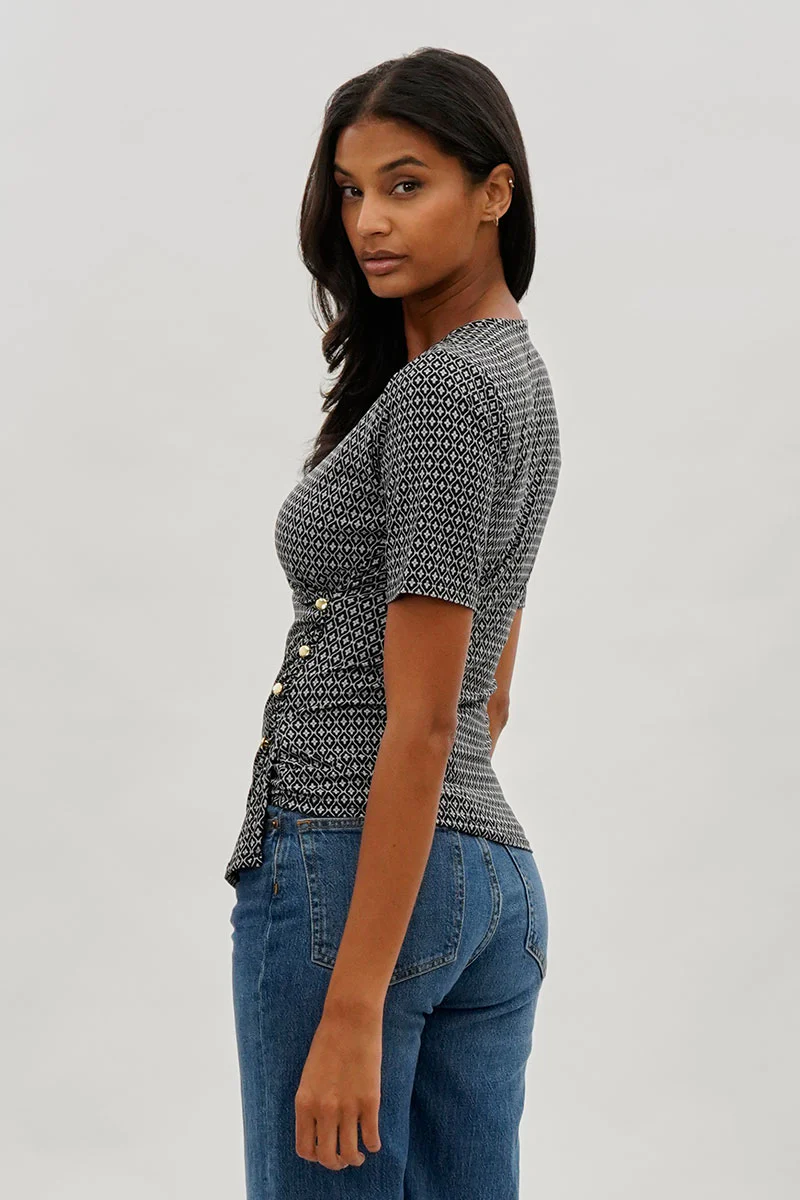 Beechers Brook Patterned Side Button Tee - Black - Image 3