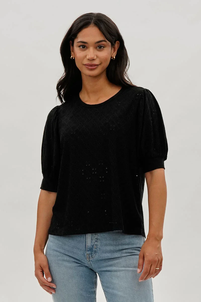 Beechers Brook Eyelet Detail Puff Sleeve Blouse - Black