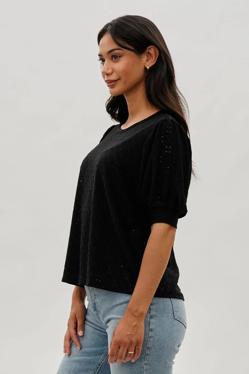 Beechers Brook Eyelet Detail Puff Sleeve Blouse - Black - Image 2