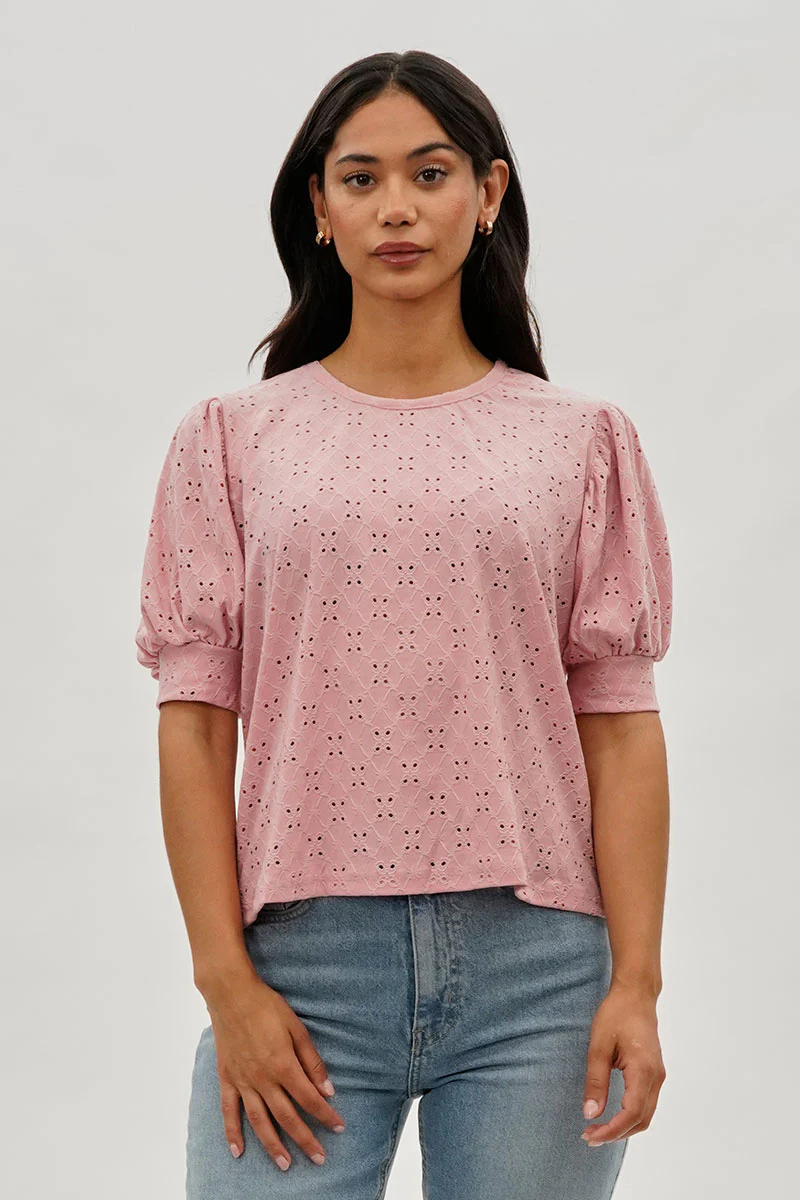 Beechers Brook Eyelet Detail Puff Sleeve Blouse - Pink