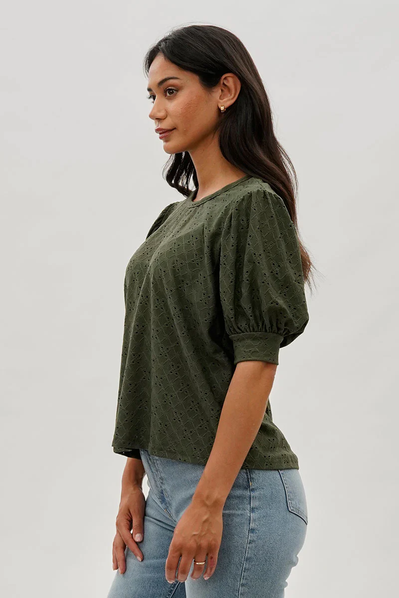 Beechers Brook Eyelet Detail Puff Sleeve Blouse - Olive - Image 2