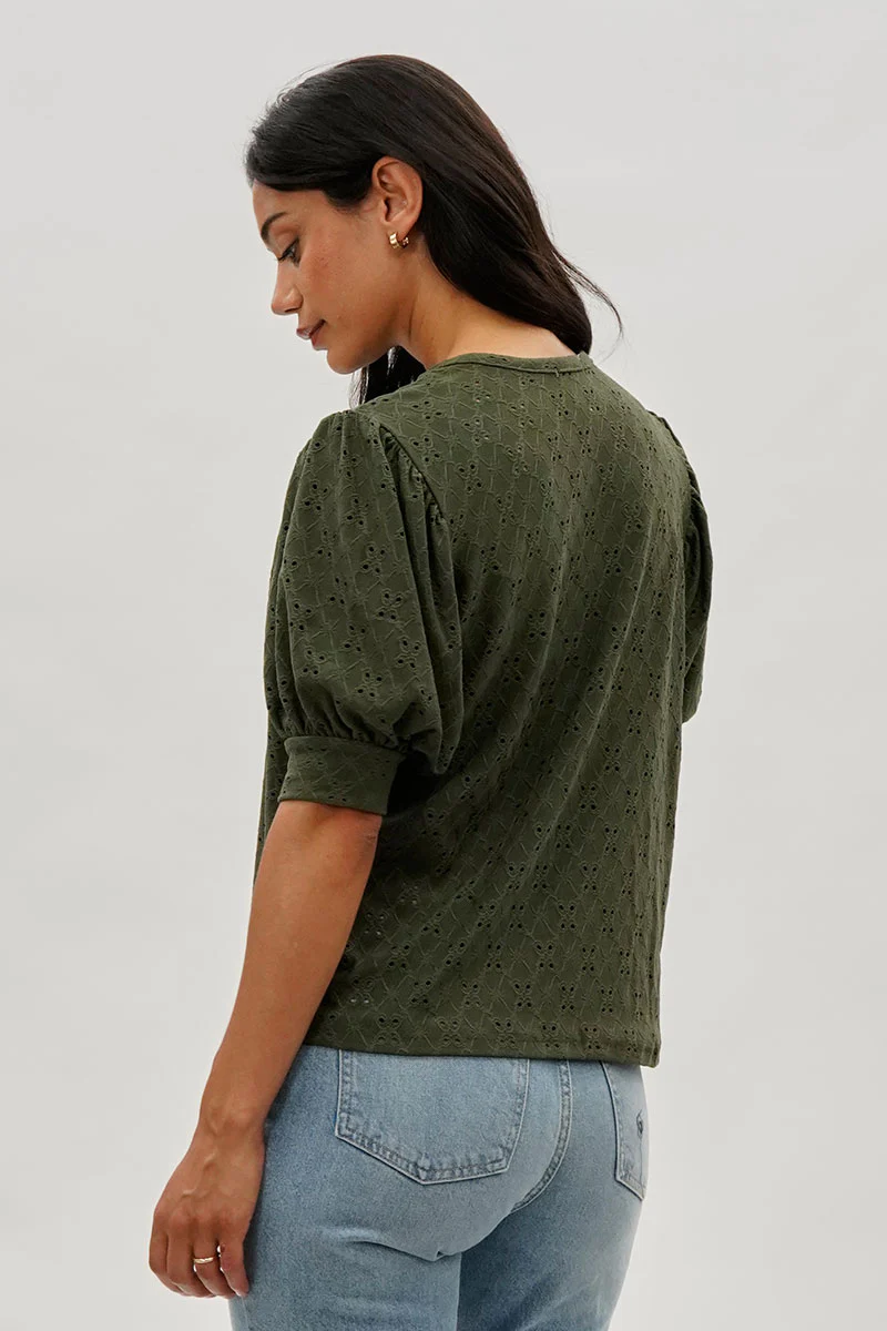 Beechers Brook Eyelet Detail Puff Sleeve Blouse - Olive - Image 3