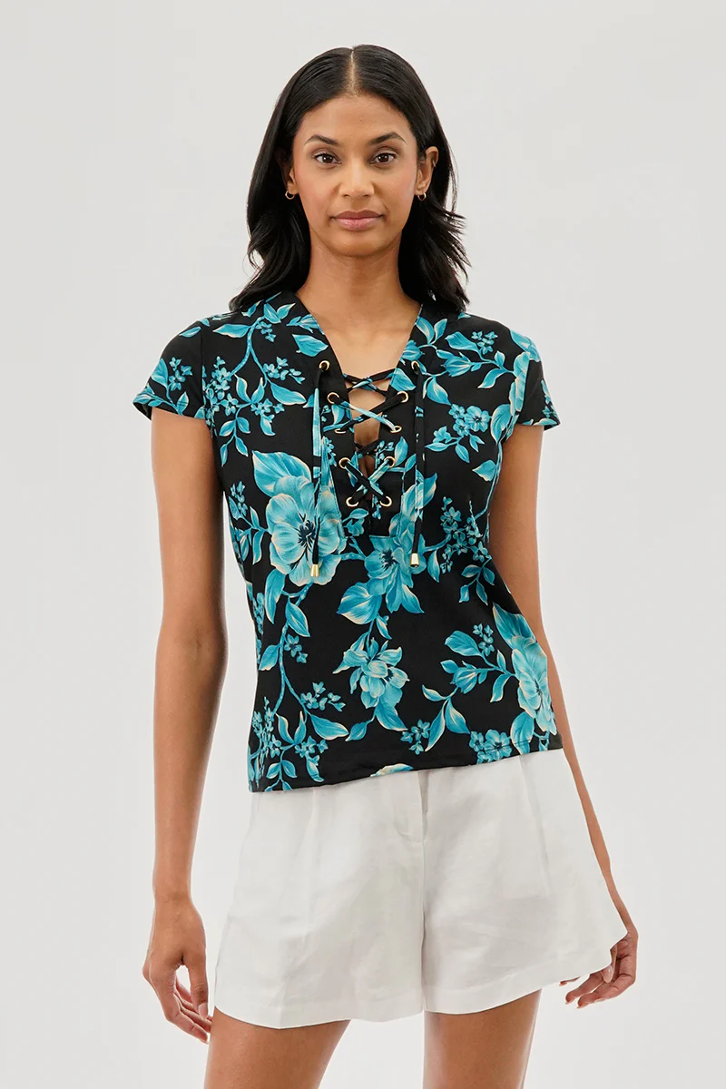 International INC Company Floral Lace Up Short Sleeve Blouse - Black