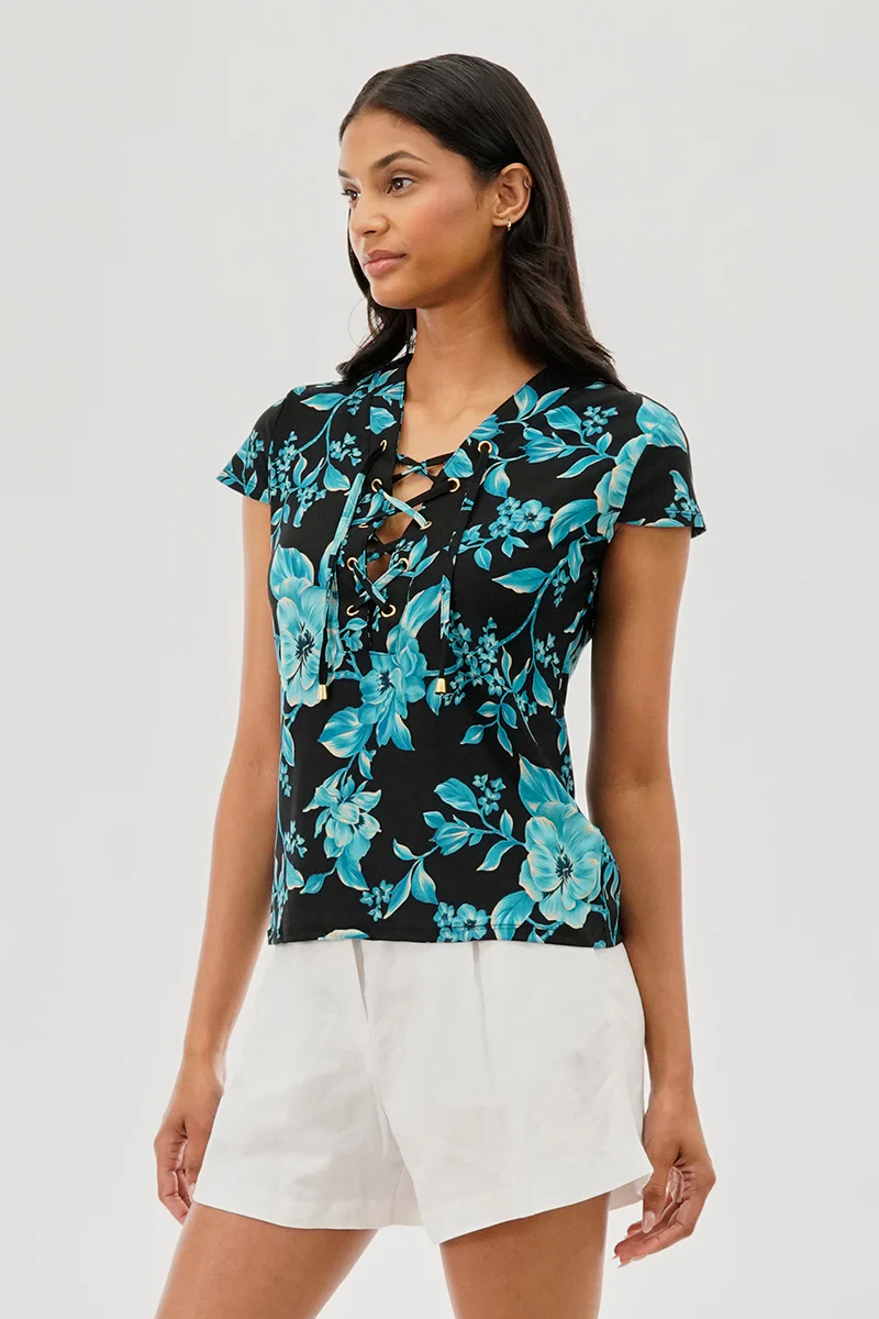 International INC Company Floral Lace Up Short Sleeve Blouse - Black - Image 2