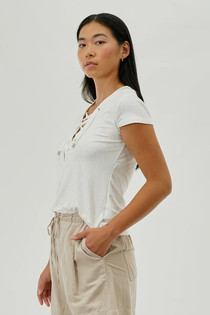 International INC Company Lace Up Short Sleeve Blouse - White - Image 2