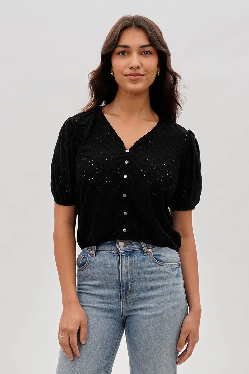 Beechers Brook Button Down Eyelet Blouse - Black