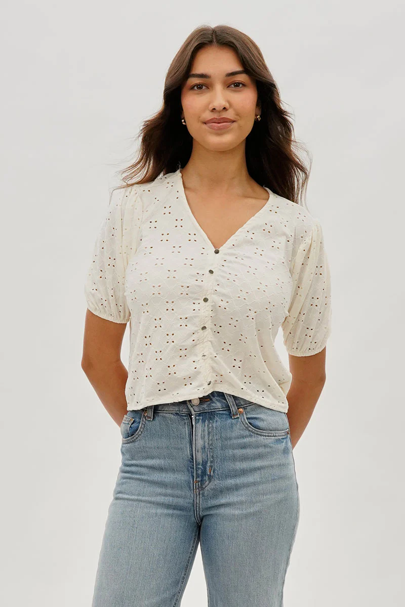Beechers Brook Button Down Eyelet Blouse - Cream