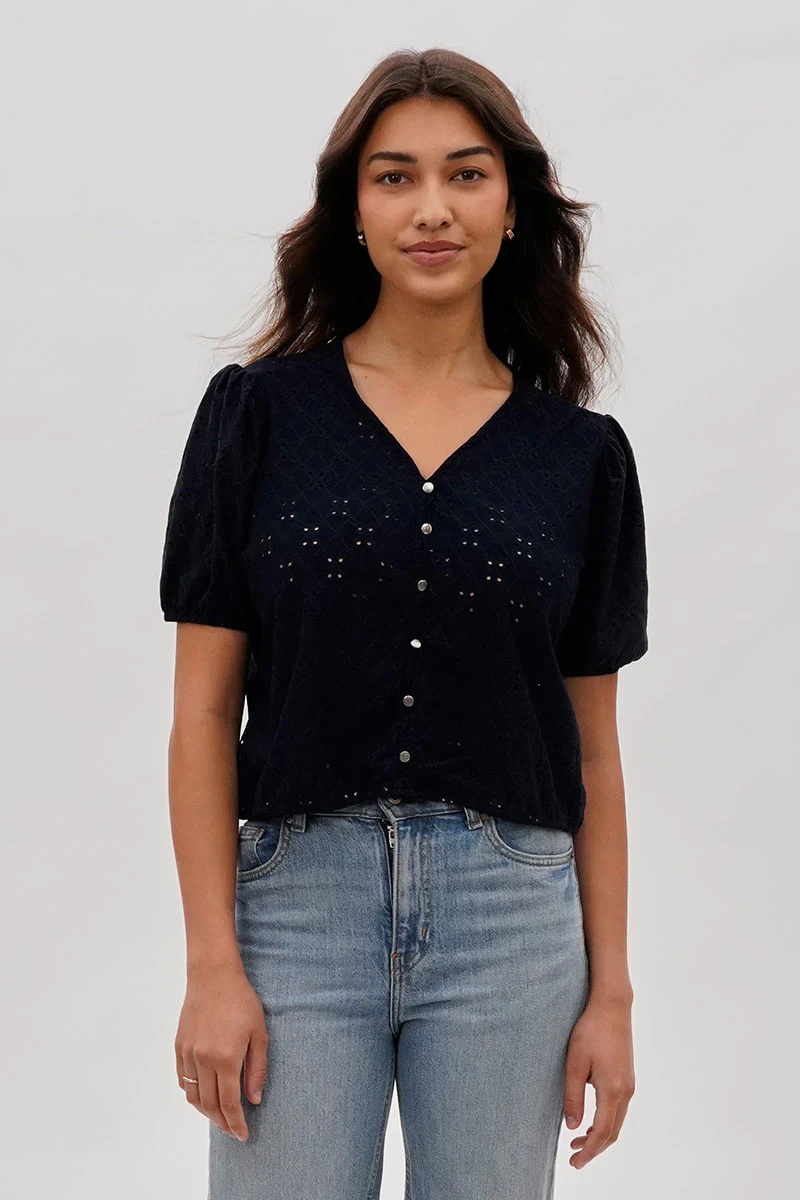 Beechers Brook Button Down Eyelet Blouse - Navy