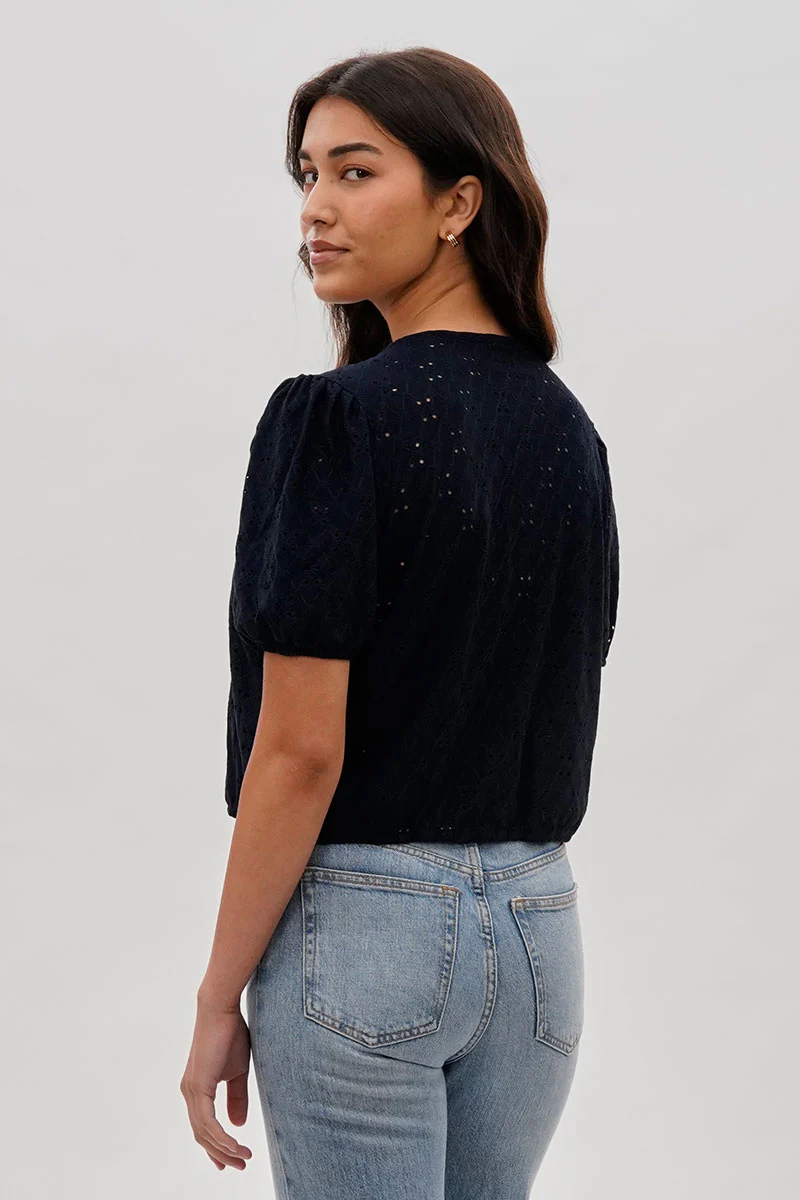 Beechers Brook Button Down Eyelet Blouse - Navy - Image 3