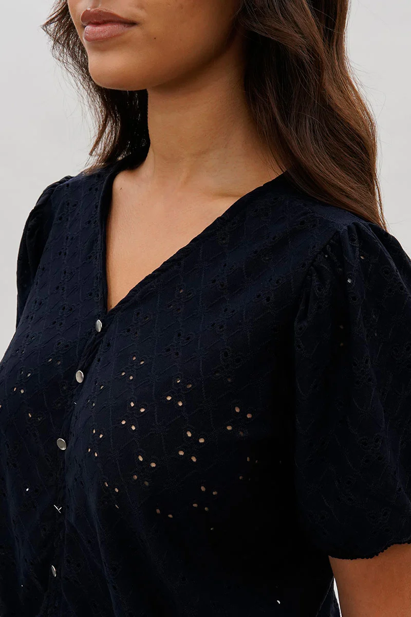 Beechers Brook Button Down Eyelet Blouse - Navy - Image 4