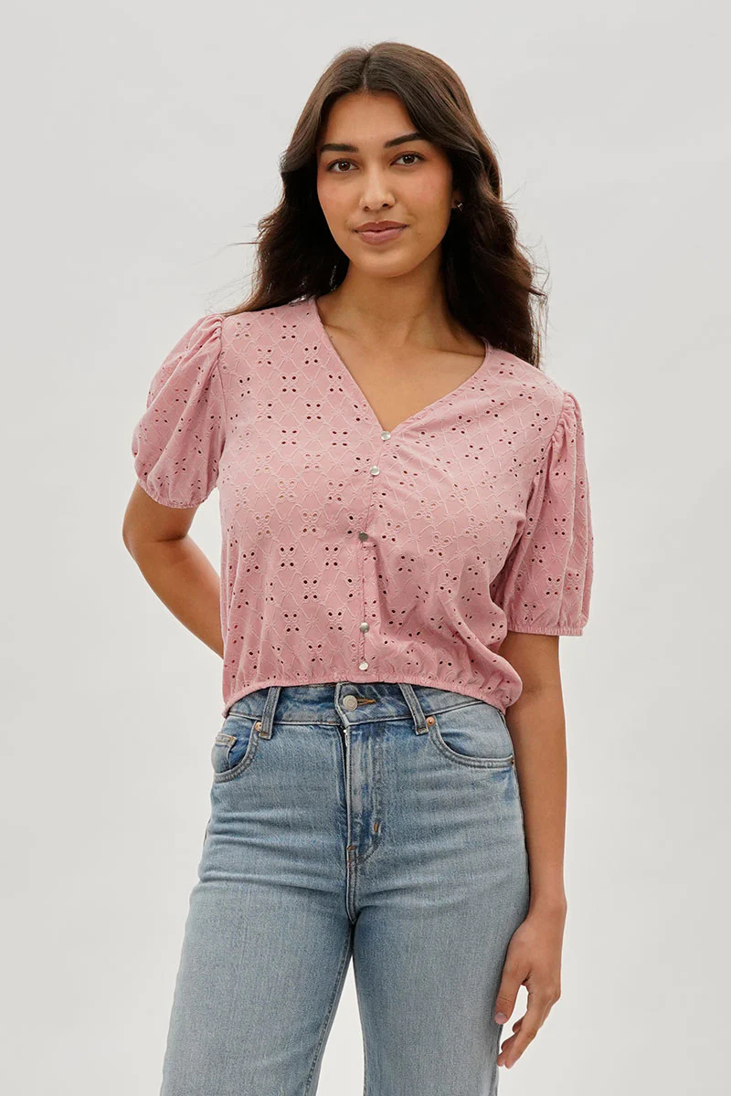 Beechers Brook Button Down Eyelet Blouse - Pink