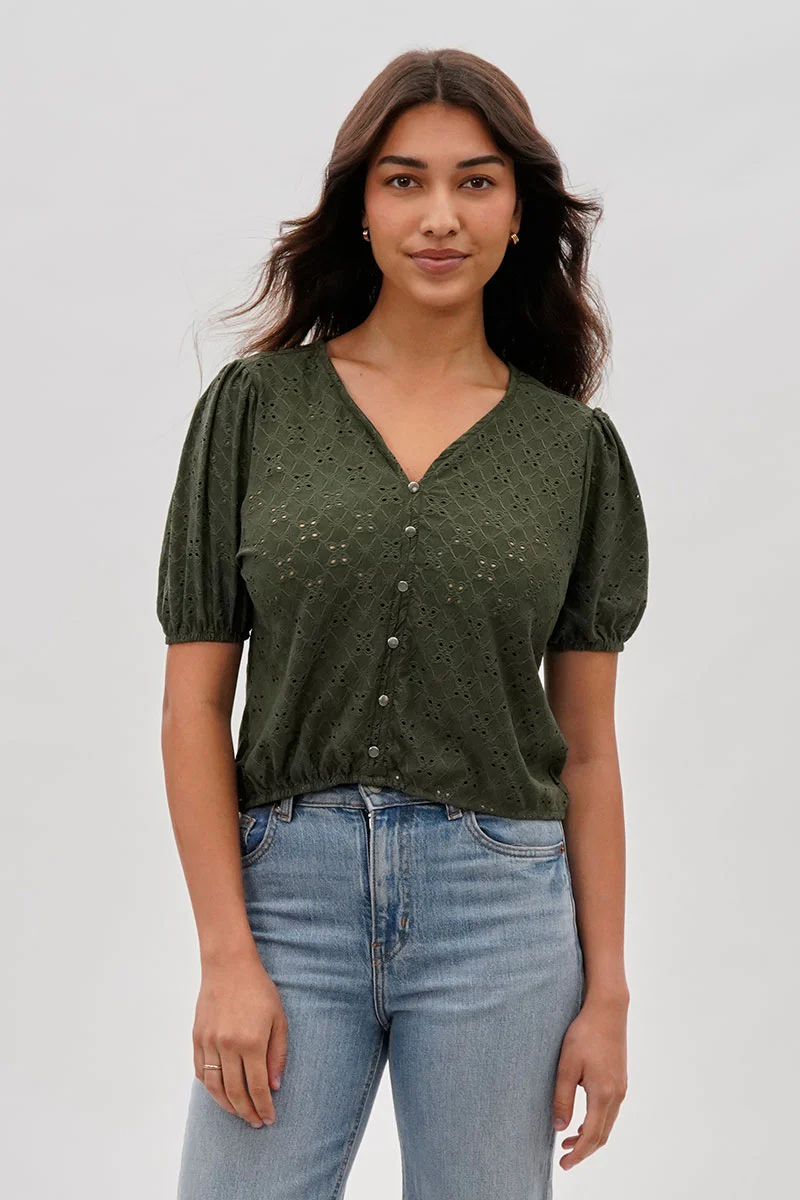 Beechers Brook Button Down Eyelet Blouse - Olive