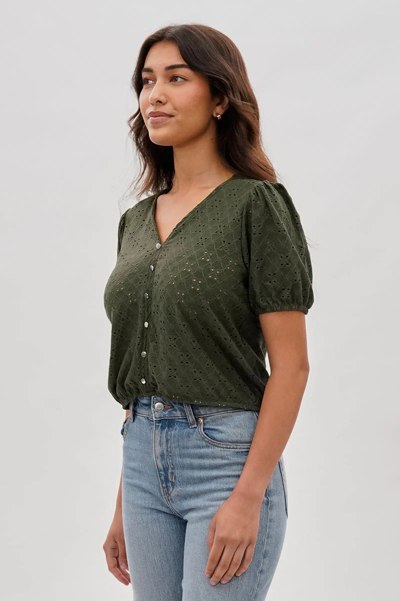 Beechers Brook Button Down Eyelet Blouse - Olive - Image 2
