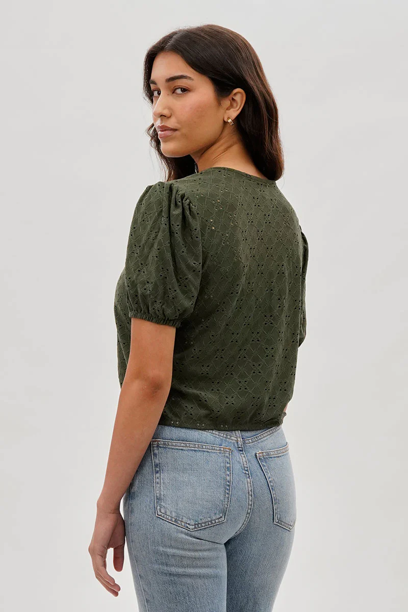 Beechers Brook Button Down Eyelet Blouse - Olive - Image 3