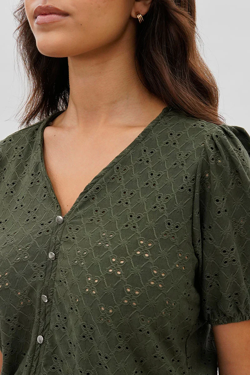 Beechers Brook Button Down Eyelet Blouse - Olive - Image 4