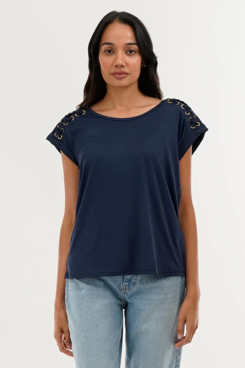 International INC Company Shoulder Lace Up Tee - Navy