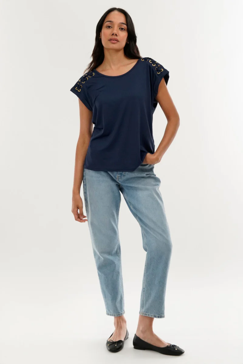 International INC Company Shoulder Lace Up Tee - Navy - Image 5