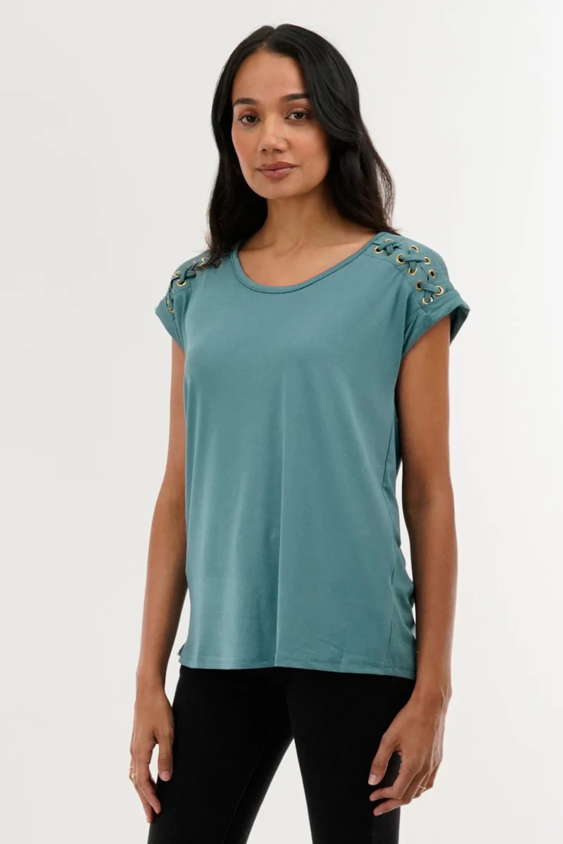 International INC Company Shoulder Lace Up Tee - Teal - Image 2