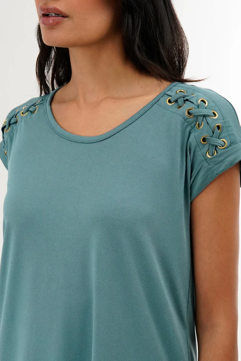 International INC Company Shoulder Lace Up Tee - Teal - Image 4