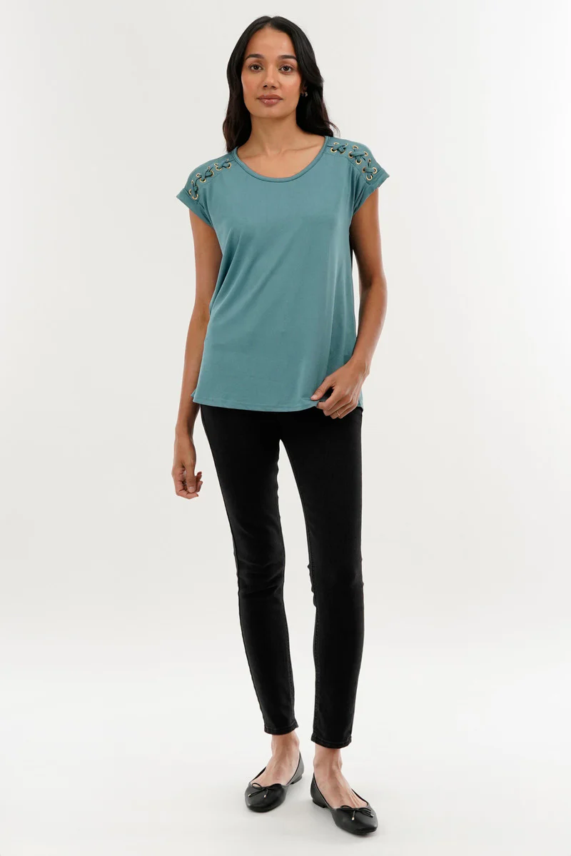 International INC Company Shoulder Lace Up Tee - Teal - Image 5